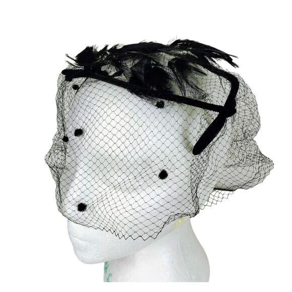Vintage 40's 50's Black Velvet & Feathers Net Wired Fascinator Head Piece Hat - Picture 7 of 12